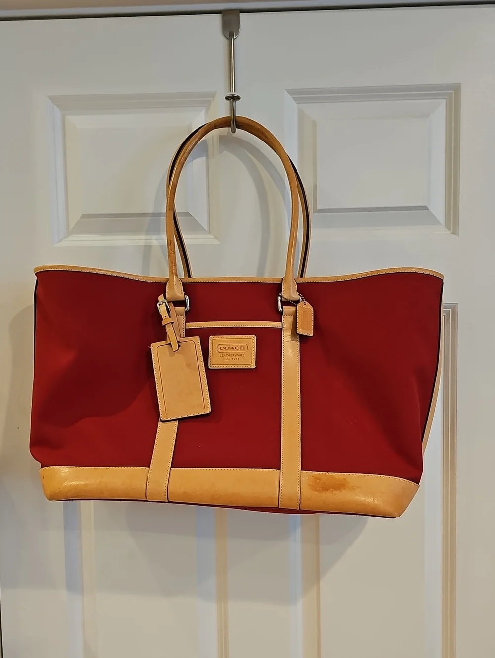 Coach Red Canvas Travel Tote with Tan Leather Trim Lock, Tag